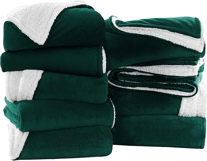 MOONLIGHT20015 Emerald Green Sherpa Blankets Queen Size for Bed - Wholesale Bulk Pack of 9 Sherpa Blankets - Soft Fluffy Throw Blanket for Hotels, Guest Bedroom, 90x90 Inches