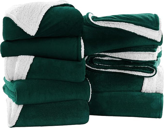 MOONLIGHT20015 Emerald Green Sherpa Blankets Queen Size for Bed - Wholesale Bulk Pack of 9 Sherpa Blankets - Soft Fluffy Throw Blanket for Hotels, Guest Bedroom, 90x90 Inches