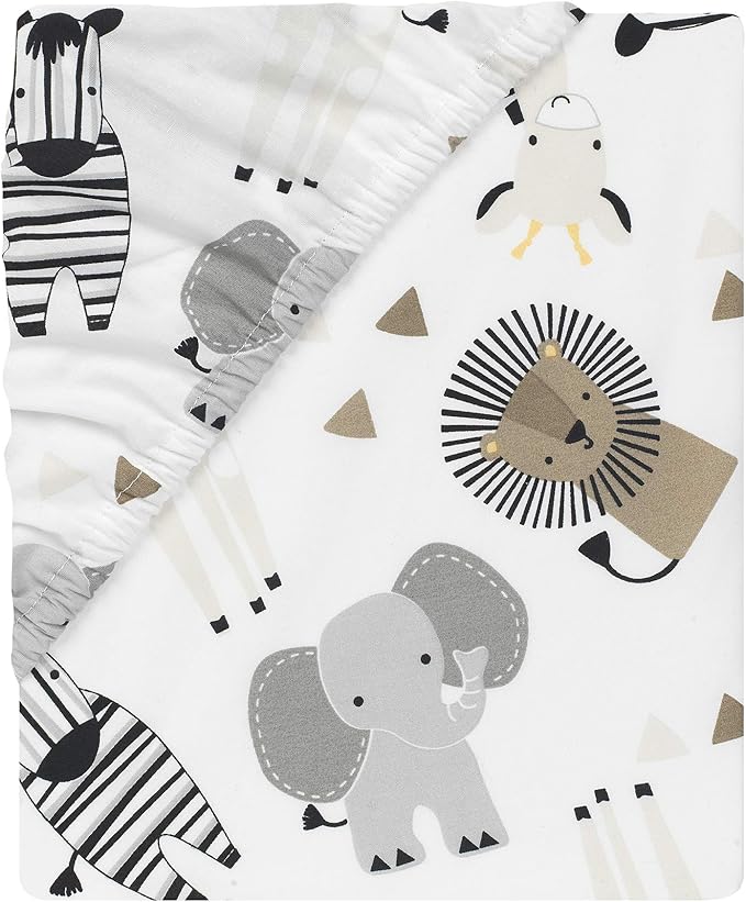 Lambs & Ivy Jungle Safari 100% Cotton White/Gray Elephant/Lion Fitted Crib Sheet