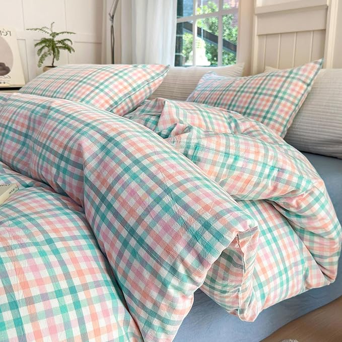 LifeTB Gingham Comforter Set Full Size Colorful Plaid Checkered Pattern Comforter Geometric Grid Plaid Printed Bedding Comforter Set with 2 Pillowcases Luxury Soft Fluffy Gingham Bedding Set Full
