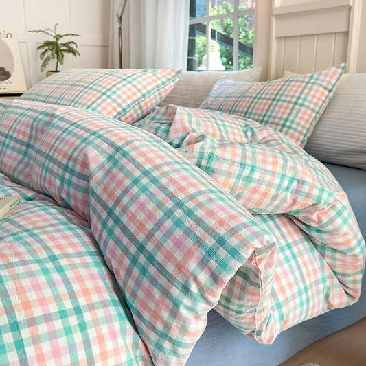 LifeTB Queen Comforter Set Multi-Colored Gingham Comforter Modern Style Checkered Pattern Comforter Set Colorful Grid Plaid Bedding Comforter Fluffy Soft Lightweight Grid Bedding Set Breathable
