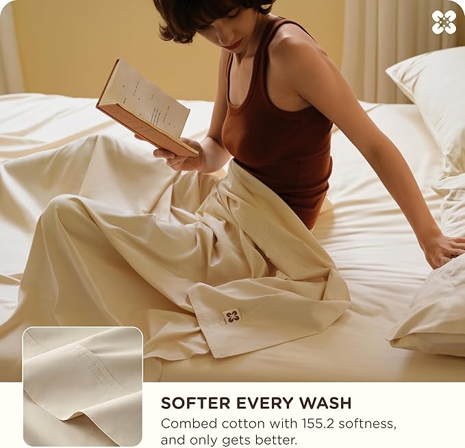 Bedsure Cooling Sheets Queen Size, Rayon Derived from Bamboo & Cotton Blend, GentleSoft, Breathable, Queen Sheet Set, Deep Pocket Up to 18 Inches, Hotel Luxury Bedding for Hot Sleepers, Beige