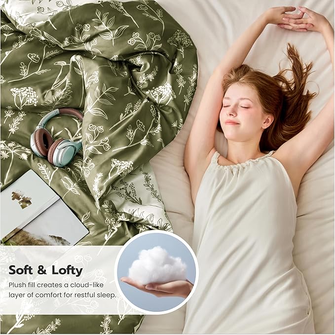 Joiedomi King Size Comforter Set Olive Green, 3 Pieces Floral King Bedding Set with 1 Soft Reversible Botanical Comforter and 2 Pillow Shams, Bed in a Bag for All Seasons