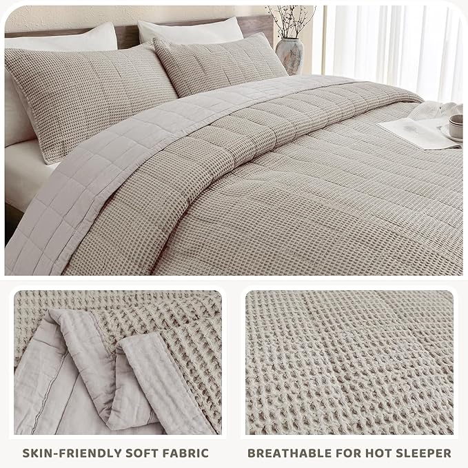 Sanracie Oversized King Quilt (106"x118"), Dark Khaki Waffle Weave Cotton Quilt Sets, 3Pcs Luxury Aesthetic Quilt Bedding Set, Soft Breathable Lightweight Farmhouse Coverlet Set for All Season
