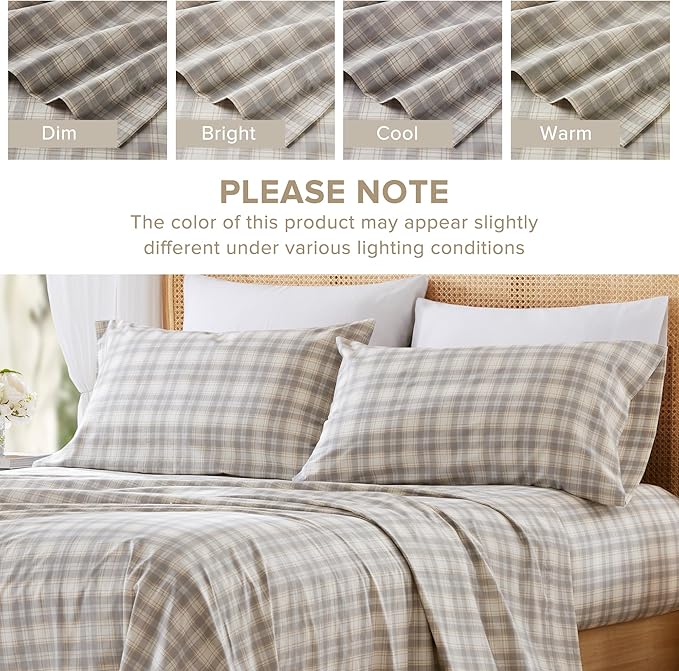 Comfort Spaces 100% Cotton Sheets Twin XL, Breathable, Naturally Cool Cotton Sheets, Soft Cotton Bed Sheets with 12" Elastic Pocket Fits up to 14" Mattress, All Seasons Sheet Set, Wesley Taupe 3 Piece