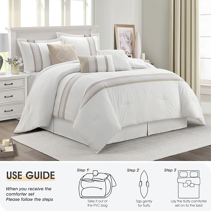 7 Piece Comforter Set, Taupe White, California King, Boho Style Geometric Microfiber Embroidery, Bed in a Bag with Bedskirt, Pillow Shams and Decor Pillows