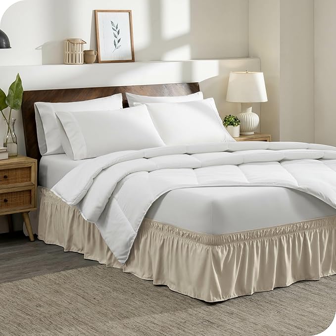 Bare Home Wrap Around Bed Skirt - for Twin Size Beds with 15 inch Tailored Drop - Easy Fit Elastic Strap - Adjustable and Ruffled Style - Wrinkle, Fade, and Stain Free (Twin, Sand)