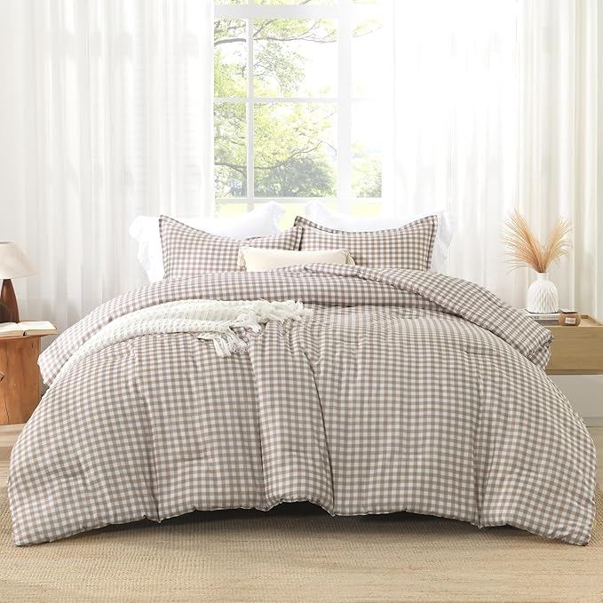 Andency Tan Gingham Comforter Set Queen(90x90Inch), Brown Checkered Grid Plaid Buffalo Bed Set for Girls Boys Kids Teens, 3 Pieces Lightweight Microfiber Geometric Preppy Bedding