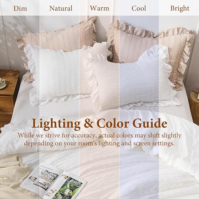 JOLLYVOGUE King Size Comforter Set, White Seersucker 3 Pieces Comforters King Size, Lightweight & Fluffy Bedding Sets King for All Season with 1 Ruffle Comforter and 2 Ruffle Pillowshams