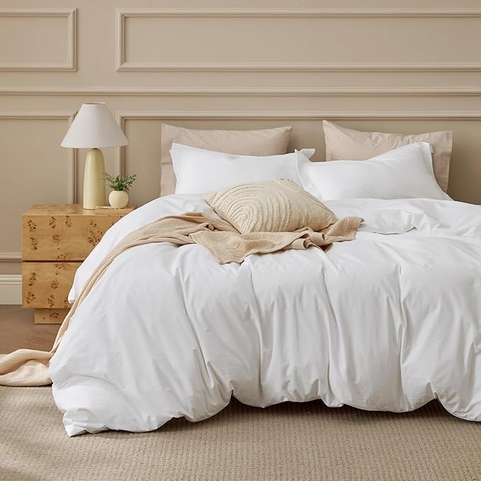 Bedsure 100% Washed Cotton Duvet Cover Cal King - Natural White Minimalist Cotton Duvet Cover Linen Like Textured - GentleSoft™ Plain Simple Bedding, Natural White, California King, 104"x98"