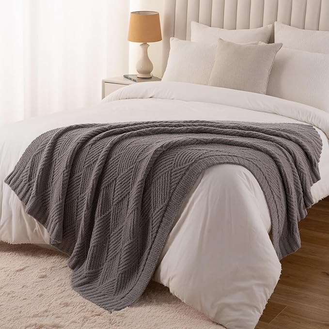 Battilo Grey Diamond Knit Throw Blanket for Couch and Bed, Soft Textured Chenille Blanket, Cozy Lightweight Decorative Blanket for Sofa, 50"x60"