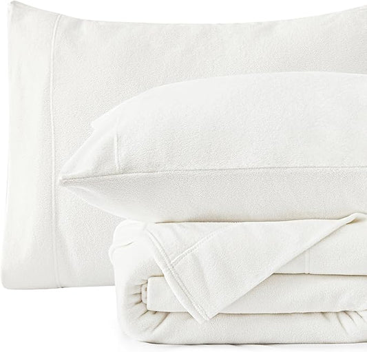 Love's cabin Fleece Queen Sheet Set - 4 Pcs White Super Soft Plush Polar Fleece Bed Sheets Set with 16" Deep Pocket,Cozy Warmth for Cold Season(1 Flat Sheet,1 Fitted Sheet,2 Pillow Cases)