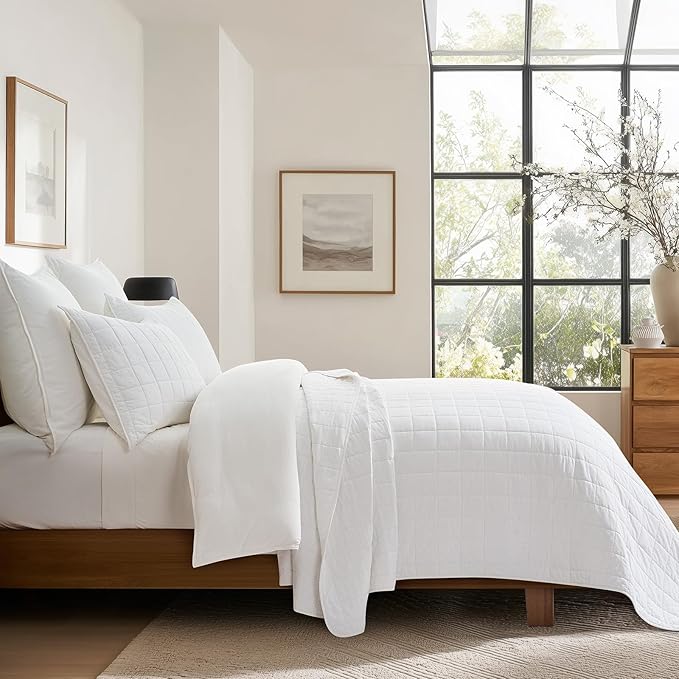 EVERGRACEHOME 100% Cotton Box Stitch Quilt Bedding Set Queen Size 3 Pieces, Garment-Washed Lightweight Soft Cozy Coverlet, Quilted Bedspread Sets with 2 Shams for All Season, Bright White