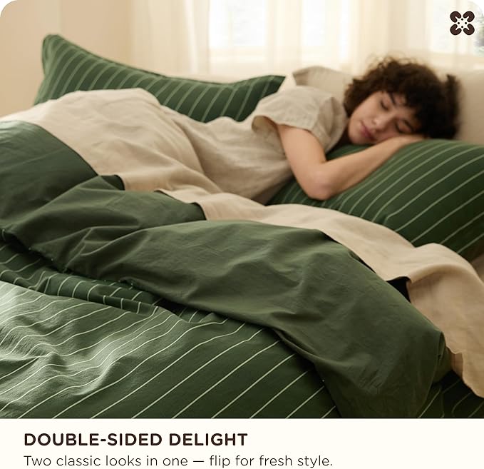 Bedsure Striped Duvet Cover King Size,100% Washed Cotton Duvet Cover Linen Like Textured, Classic Striped Pattern Enhances Bedroom Comfort and Style, Stripes Olive Green, 104"x90"
