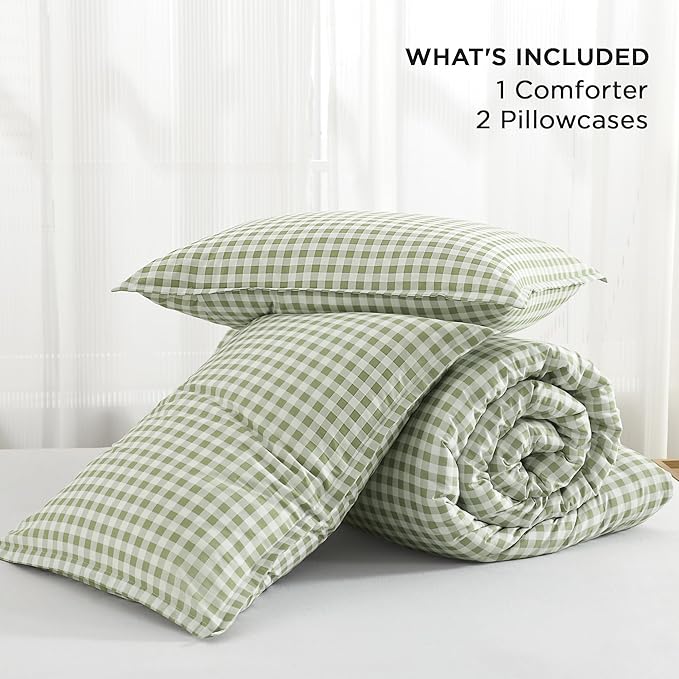 Andency Sage Gingham Comforter Set Full(79x90Inch), Green Checkered Grid Plaid Buffalo Bed Set for Girls Boys Kids Teens, 3 Pieces Lightweight Microfiber Geometric Preppy Bedding
