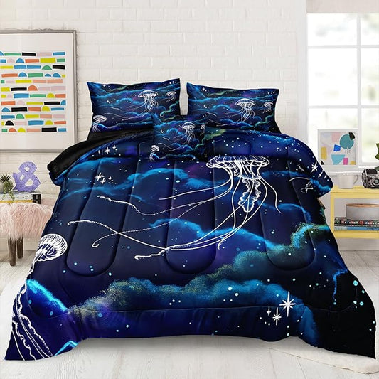 Bedbay Blue Galaxy Bedding Comforter Set Queen Size,Jellyfish Print Ocean Theme Bedding Set,Soft Microfiber Starry Sky Stars Boys Girls Bedroom Quilted Comforter 4 Pieces for All Seasons