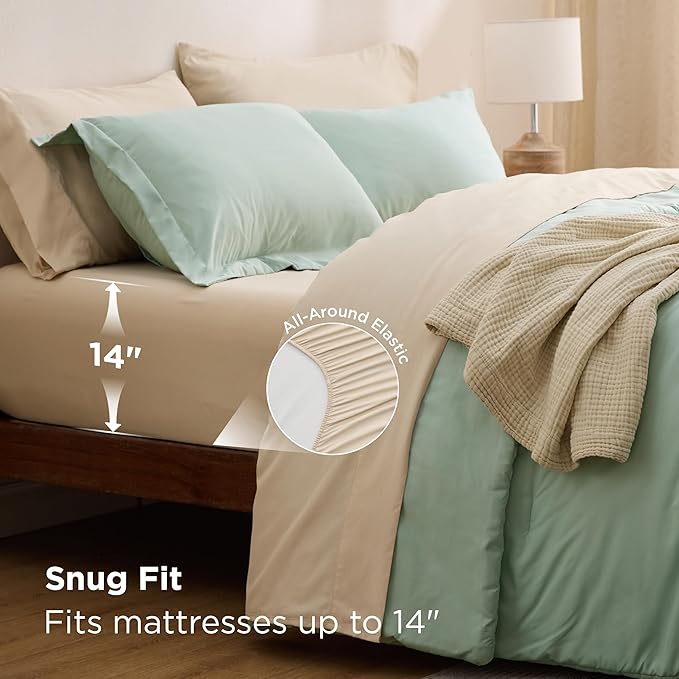 Bedsure California King Comforter Set Sage Green, 7 Pieces Soft Comforter for Cal King Size Bed with Sheets, Pillowcases & Shams, All Season Boho California King Size Bed in a Bag