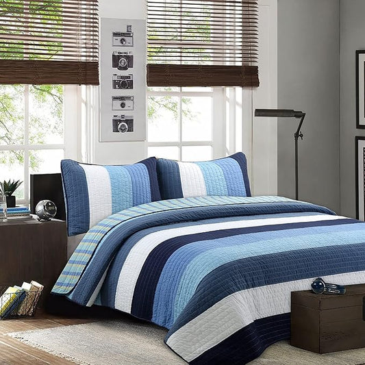 Cozy Line Home Fashions Navy Blue Striped Boy 100% Cotton Reversible Quilt Bedding Set, All-Season Coverlet Bedspread (Preston, Queen - 3 Piece)