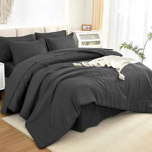 Litanika Oversized King Comforter Sets Dark Grey - 7 Pieces Bed in a Bag Oversized King Bedding Comforter Sets, Solid Lightweight Bed Set with Comforter, Sheets, Pillowcases & Shams