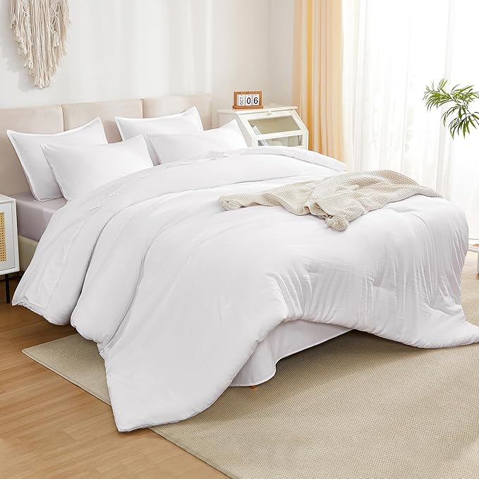 Litanika Twin XL Comforter Set White - 5 Pieces Twin Extra Long Bed in a Bag for College Dorm, All Season Bedding Set for Girls and Boys, Soft Bed Set with Comforter, Sheets, Pillowcase & Sham