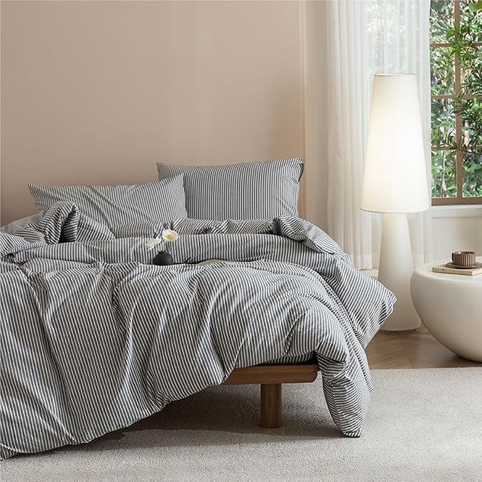 JIYUAN 100% Washed Cotton Striped Duvet Cover Set 3 Pieces King, 1 Duvet Cover and 2 Pillowcases(Comforter Not Included),Linen Like Comfy and Breathable,Pinstripes - Dark Grey White