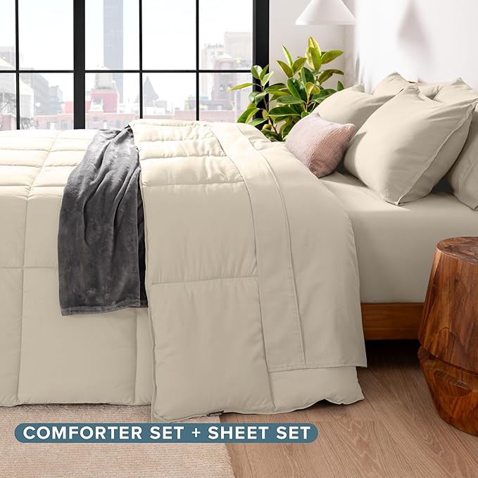 Bare Home Bed-in-A-Bag 5 Piece Comforter & Sheet Set - Twin - Goose Down Alternative - Ultra-Soft 1800 Premium Bed Set (Twin, Sand/Sand)