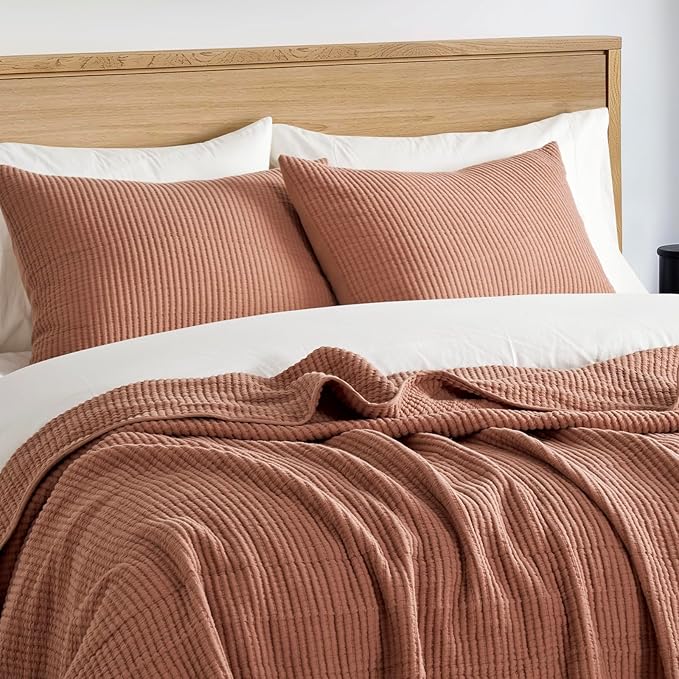 EVERGRACEHOME Cotton Coverlet Set Full Queen Size 3 Pieces, Lightweight Soft Ribbed Matelassé Bedspread Quilt Set, Cozy Oversized Quilted Bedding Set with 2 Pillow Shams for All Seasons, Clay