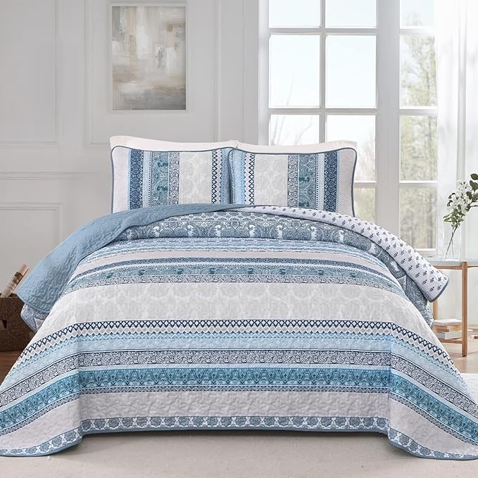 WONGS BEDDING Boho Quilt Set Oversize California King Size, Blue Bohemian 3 Pieces Quilt Sets, Lightweight Bedspread Coverlet Bedding Set for All Season (112"x104")