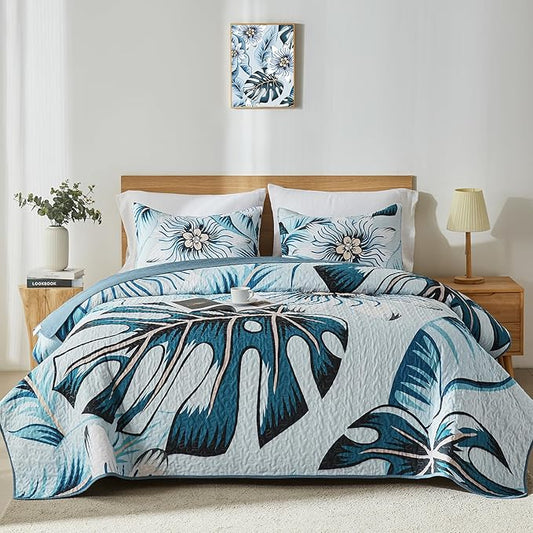 Yogeneg King Quilt Bedding Set,White Green Botanical Pattern Light Blue King/Cal King Quilt Set,3 Piece Lightweight Soft Summer Bedspread Coverlet with 2 PIillow Shams,All Season(Light Blue,110"x96")