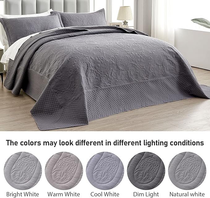 Qucover Oversized King Bedspreads 120x120, Paisley Pattern California King Bedspread Dark Grey, Soft Microfiber Ultrasonic Lightweight Oversized King Quilts Coverlet Bedding for All Seasons