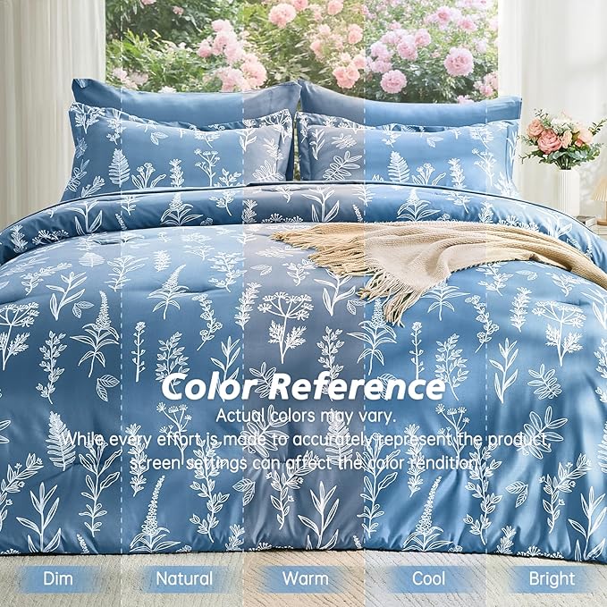 MUXHOMO Ice Blue Bed in a Bag Queen 7 Pieces, Queen Comforter Set Reversible Botanical Flowers Design, Ultra Soft & Breathable Bedding Sets with Comforter, Sheets, Pillowcases & Shams