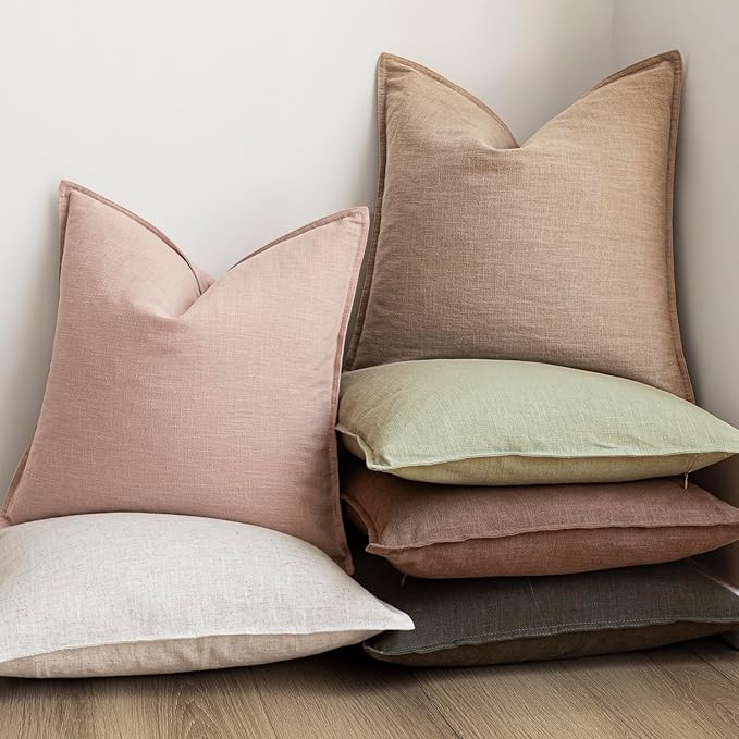 Foindtower Pack of 2, Decorative Linen Solid Throw Pillow Covers Soft Accent Cushion Case Boho Farmhouse Pillowcase for Chair Couch Sofa Bedroom Living Room Home Decor 18 x 18 Inch Light Pink