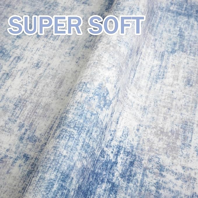 IOHOUZE Abstract Area Rugs 8x10 Ft Washable Large Rugs for Living Room, Non Slip Dining Room Rug, Printed Faux Wool Rugs for Bedroom, Floor Carpet for Office Nursery Playroom, Light Blue White