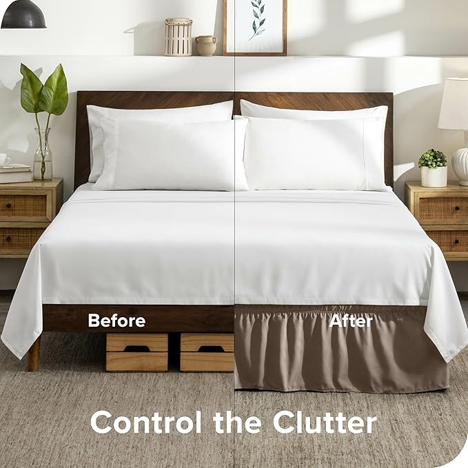 Bare Home Wrap Around Bed Skirt - for Twin Size Beds with 15 inch Tailored Drop - Easy Fit Elastic Strap - Adjustable and Ruffled Style - Wrinkle, Fade, and Stain Free (Twin, Taupe)