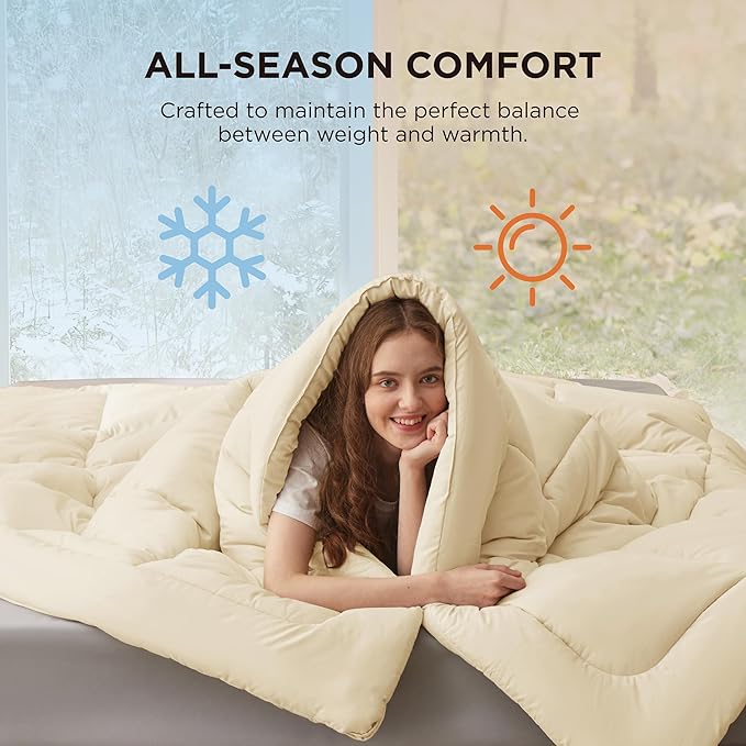 Bedsure Comforter Duvet Insert - Quilted Comforters Queen Size, All Season Duvet, GentleSoft Down Alternative Bedding, with 8 Tabs, Gifts for Women/Men, Cream,Queen 88 x 88 Inches
