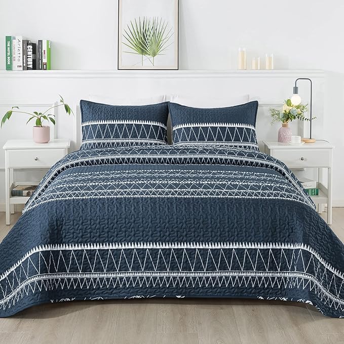 Andency Navy Twin Quilt Set, 2 Pieces Boho Lightweight Soft Striped Bedspread for All Season (68"x86"), Printed Bohemian Microfiber Reversible Coverlet Comoforter Sets