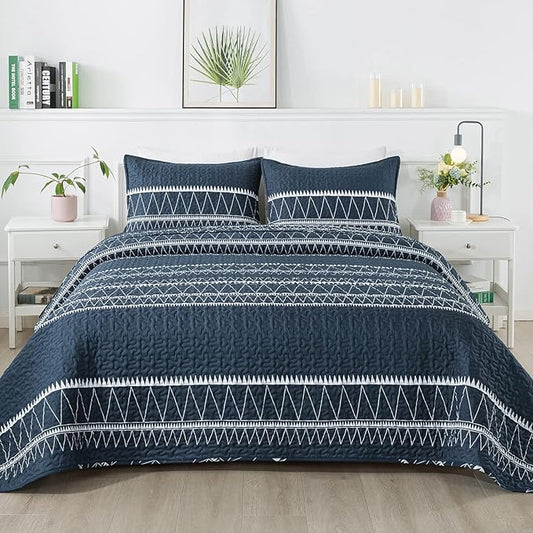 Andency Navy Twin Quilt Set, 2 Pieces Boho Lightweight Soft Striped Bedspread for All Season (68"x86"), Printed Bohemian Microfiber Reversible Coverlet Comoforter Sets