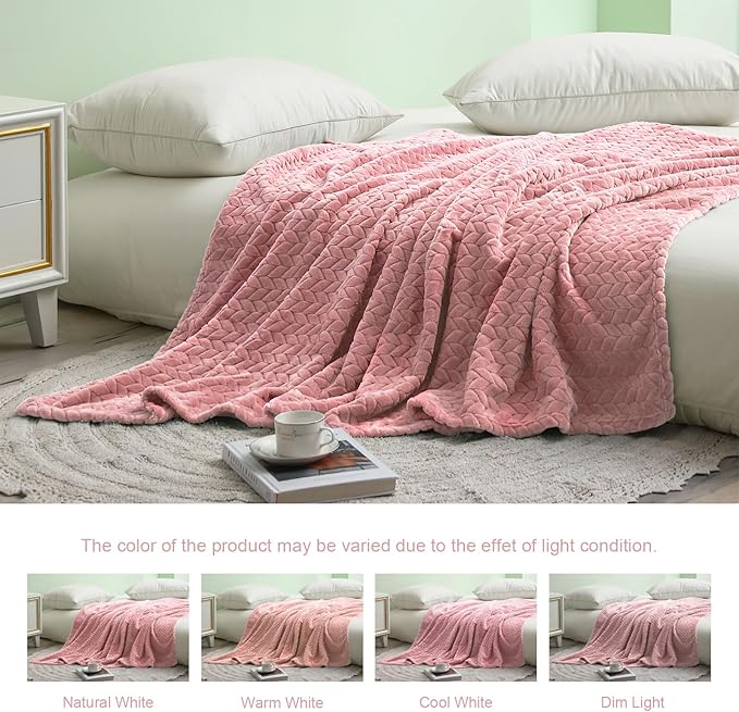 Exclusivo Mezcla Fleece Twin Size Blanket for Bed, 90x66 Inches Soft Cozy Jacquard Flannel Blankets, Lightweight Fuzzy Plush Warm for Women, Pink