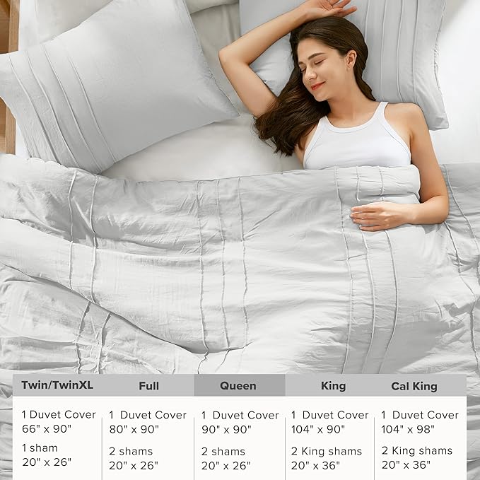 Comfort Spaces Silver Queen Size Duvet Cover Set - 3-pc Pintuck Pleated Duvet Cover Queen, All Season Lightweight, Extra Softness Pre-Washed Microfiber Queen Bed Cover Shams, Queen