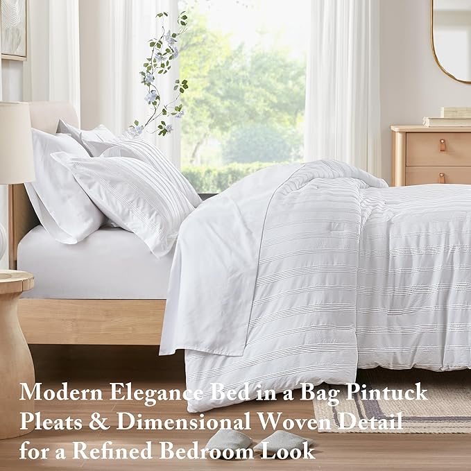 Madison Park Essentials Striped Comforter Set Full, 7 Pieces Modern Minimalist Jacquard Bedding Set for All Season, Bed in A Bag with Sheet Set and Soft Brushed Reverse, Lightweight White