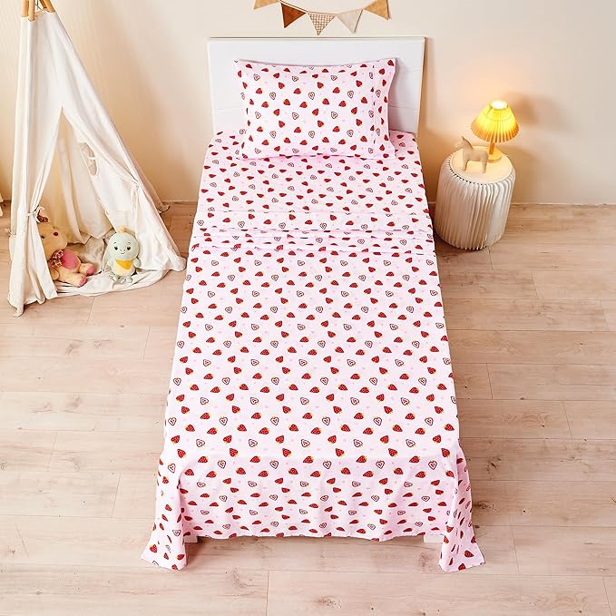 Pink Strawberry Printed Kids Sheet Set Twin Size, 3 Pcs Breathable & Silky Soft Microfiber Kids Fitted Sheet, Bed Sheets with 15" Deep Pocket for Boys and Girls