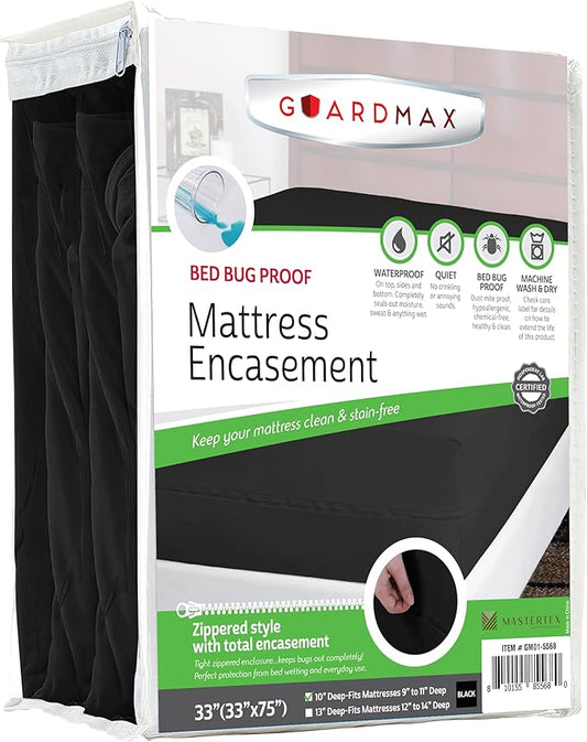 Guardmax Jersey Knitted Cot Size Zippered Mattress Encasement - Waterproof & Bed Bug Proof Mattress Protector - Comfortable, Soft, and Noiseless Zippered Bedding - Dust Mite Proof (33 x 75 x 10)
