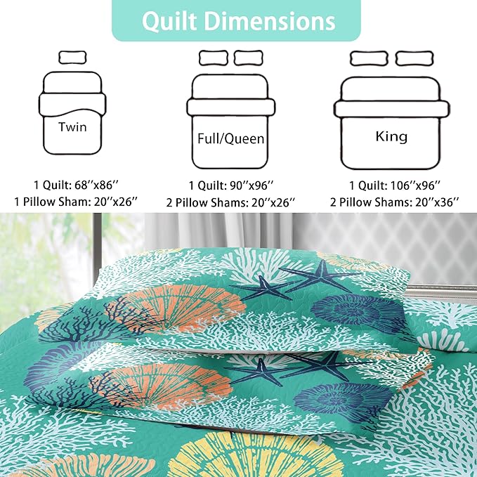 Tritard 3 Piece Coastal Quilt Sets King Size - Reversible Microfiber Quilts with 2 Shams Soft Lightweight Beach Bedding Nautical Bedspread Coverlet Summer Comforter Set for All Season, 106''x96'', C3