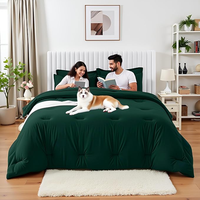 Oversized Queen Comforter Set 7 Piece - Soft Bed in a Bag Queen Size Comforter Sets, Cozy Bedding Sets with All Season Comforter, Flat Sheet, Fitted Sheet,2 Pillowcases & 2 Shams, Dark Green