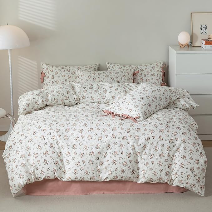Floral Duvet Cover Twin Pink Floral 3 Piece Twin Girl Cottagecore Bedding Set with 2 Bow Tie Pillowcases,Room Decor Vintage Flowers Comforter Cover Princess for Teens Dorm