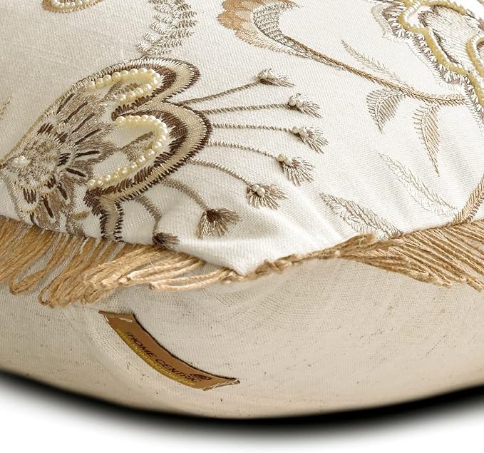 The HomeCentric King/Queen/Twin Beige Decorative Bed Runner Twin 53"x18" Bed Runner Without Pillow Cover, Floral, Pearl, Jute Lace, Embroidery Bed Scarf on Cotton Fabric - Floral Luster