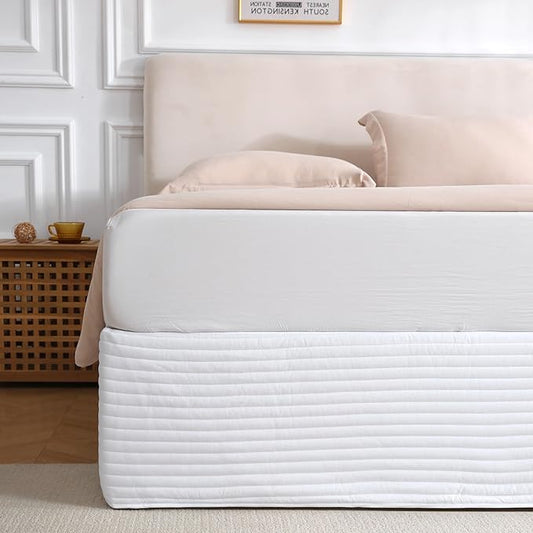 Full Size White Bed Skirt with 14-Inch Drop, Easy Fit Wrap-Around Cover for Bed, Wrinkle-Free and Fade-Resistant Box Spring Cover. (White Stripes, Full)