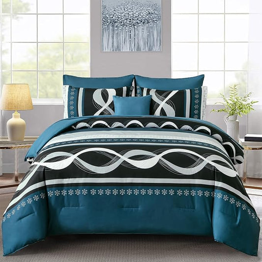 Anibedding Comforter Set Full Size,8 Piece Teal Boho Bed in a Bag,Striped Patchwork Comforter Bedding Set for All Season(78"×90")