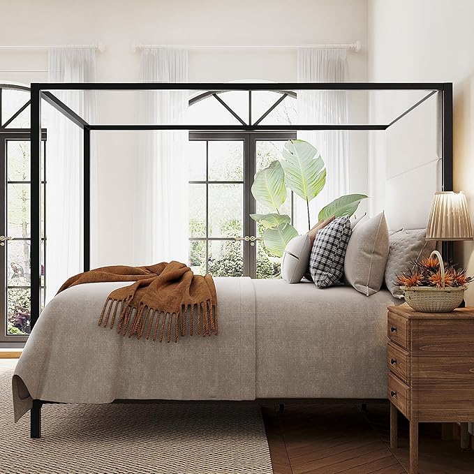 Merax Queen Size Modern Canopy Bed Frame, with Tall Linen Fabric Upholstered Headboard Metal 4-Poster, Box Spring Needed, Black + White