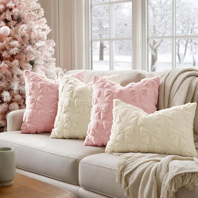 MIULEE Cream White Bow Pillow Covers Coquette Room Decor Aesthetic Set of 2 Decorative Cute Girl Vlentine Pillow Covers Spring Soft Plush Faux Pillowcase for Preppy Room Decor Bedroom Couch,20x20 Inch